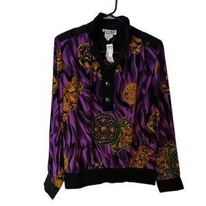 Whimsical Womens Blouse Medium 1/4 Button Up 80s Purple Gold Retro Career Vtg